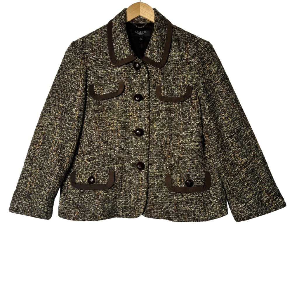 Talbots Petites Tweed‎ Jacket Brown Trim Button Front Womens Size 12P Classic